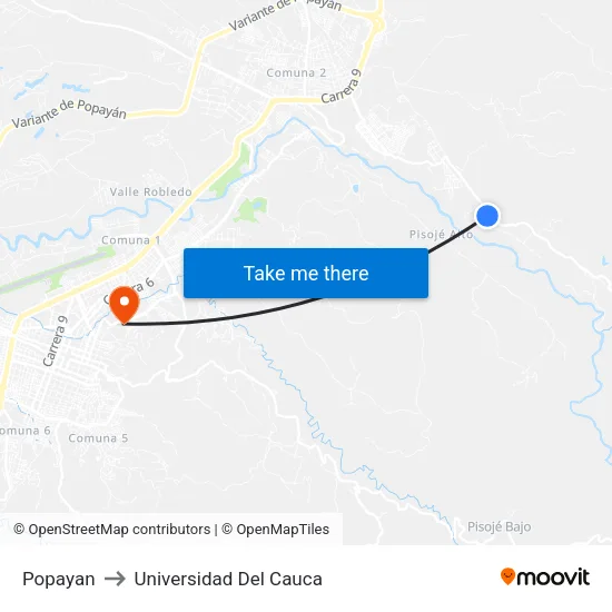 Popayan to Universidad Del Cauca map