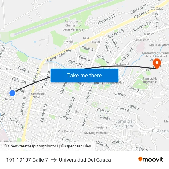 191-19107 Calle 7 to Universidad Del Cauca map
