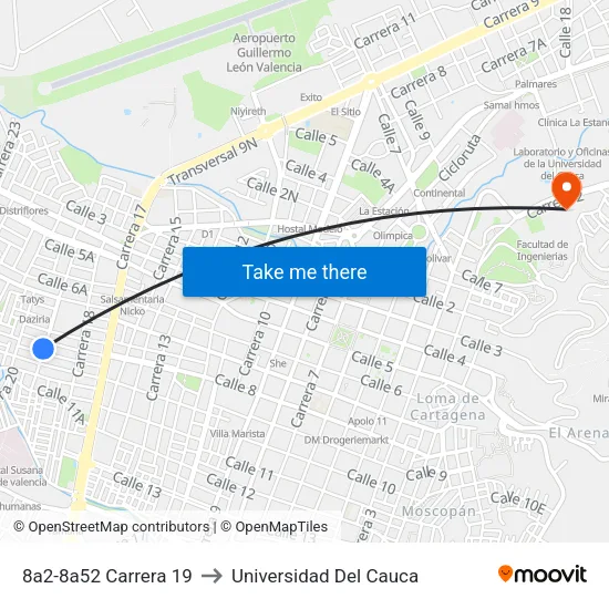 8a2-8a52 Carrera 19 to Universidad Del Cauca map