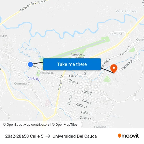 28a2-28a58 Calle 5 to Universidad Del Cauca map