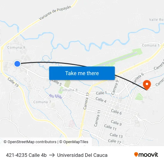 421-4235 Calle 4b to Universidad Del Cauca map
