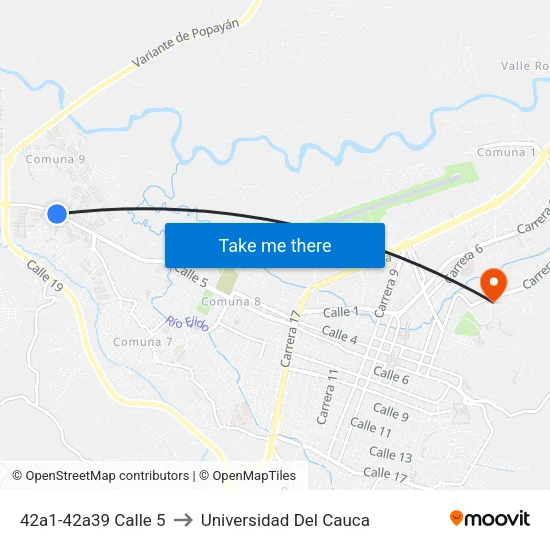 42a1-42a39 Calle 5 to Universidad Del Cauca map