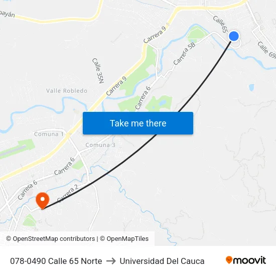 078-0490 Calle 65 Norte to Universidad Del Cauca map