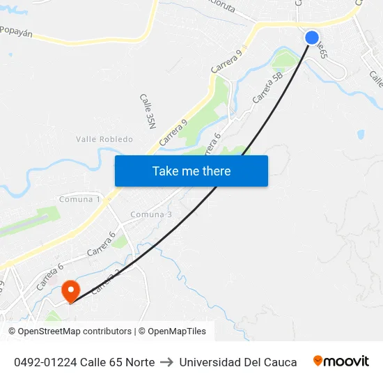 0492-01224 Calle 65 Norte to Universidad Del Cauca map