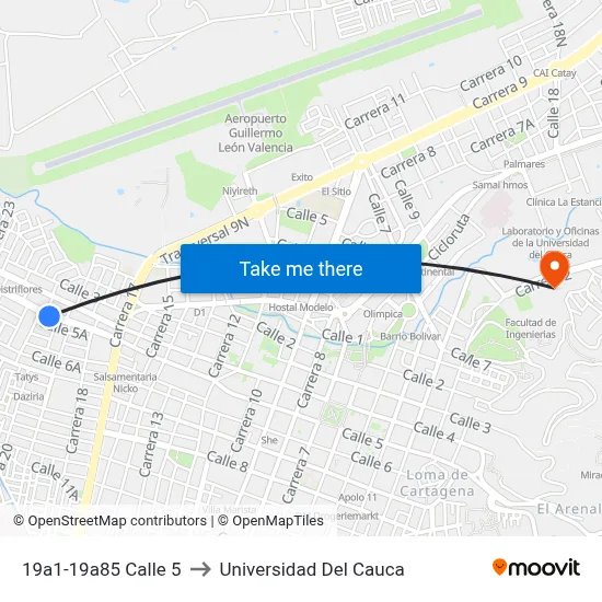 19a1-19a85 Calle 5 to Universidad Del Cauca map