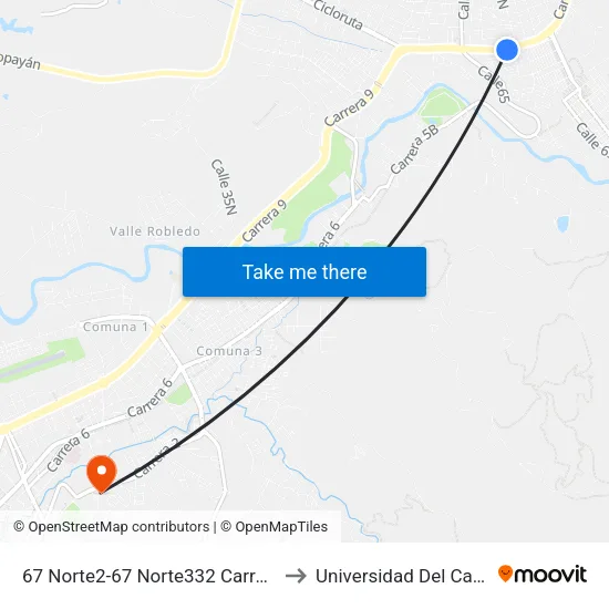 67 Norte2-67 Norte332 Carrera 9 to Universidad Del Cauca map