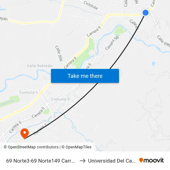 69 Norte3-69 Norte149 Carrera 9 to Universidad Del Cauca map