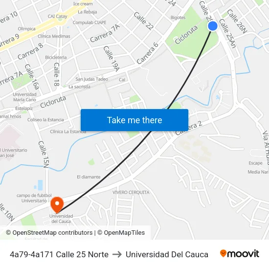 4a79-4a171 Calle 25 Norte to Universidad Del Cauca map