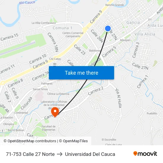 71-753 Calle 27 Norte to Universidad Del Cauca map