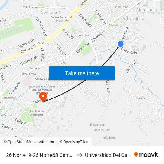 26 Norte19-26 Norte63 Carrera 4 to Universidad Del Cauca map