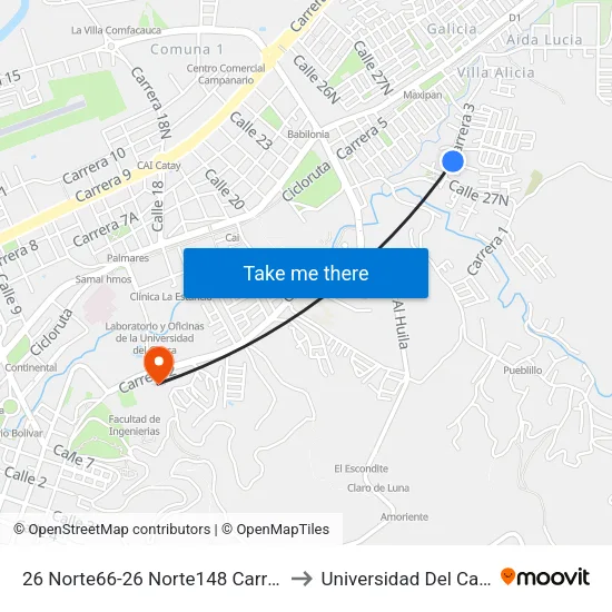 26 Norte66-26 Norte148 Carrera 4 to Universidad Del Cauca map
