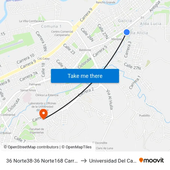 36 Norte38-36 Norte168 Carrera 5 to Universidad Del Cauca map