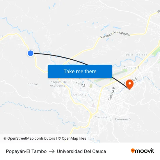 Popayán-El Tambo to Universidad Del Cauca map