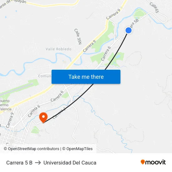 Carrera 5 B to Universidad Del Cauca map