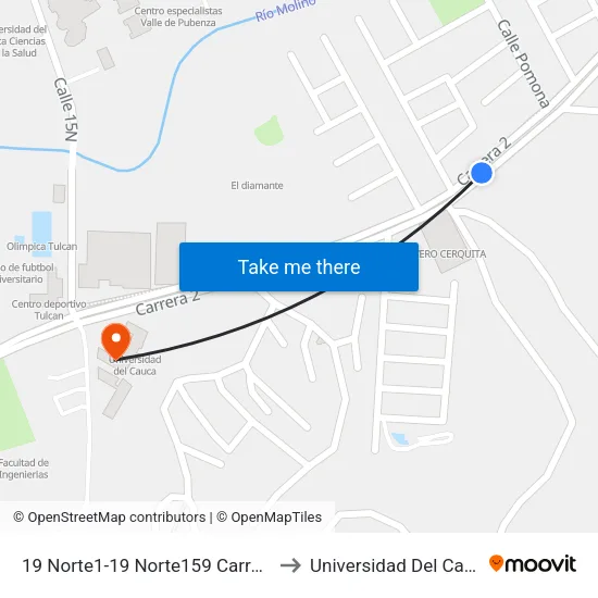 19 Norte1-19 Norte159 Carrera 2 to Universidad Del Cauca map