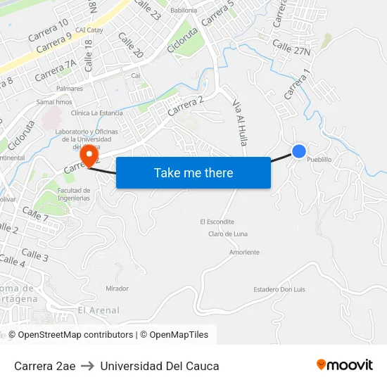 Carrera 2ae to Universidad Del Cauca map