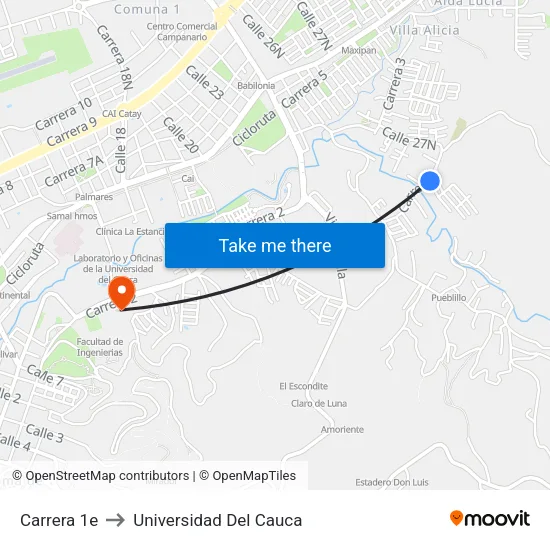 Carrera 1e to Universidad Del Cauca map