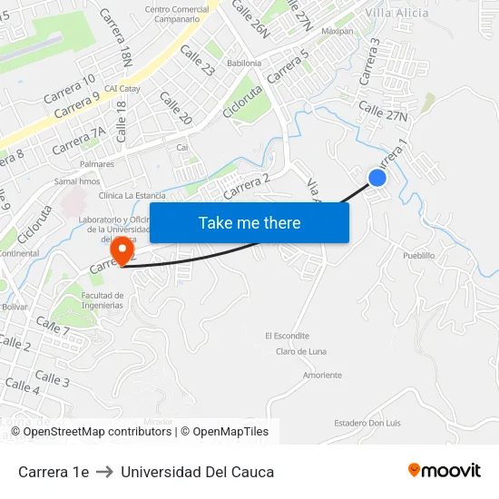 Carrera 1e to Universidad Del Cauca map