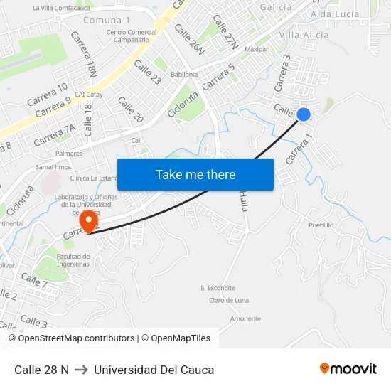 Calle 28 N to Universidad Del Cauca map