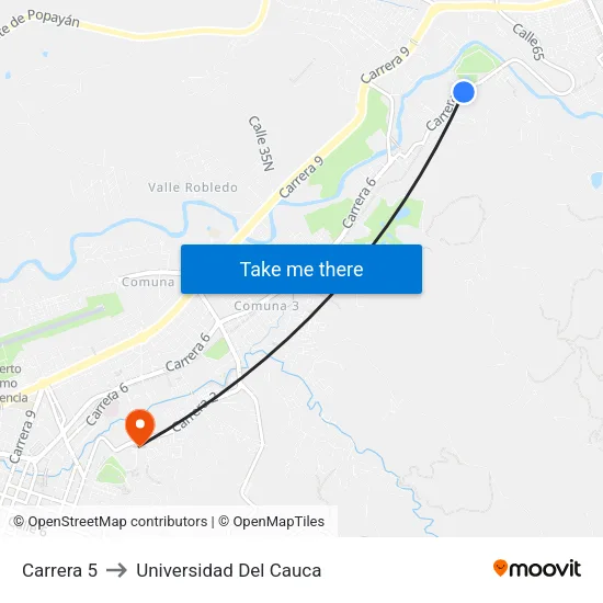 Carrera 5 to Universidad Del Cauca map