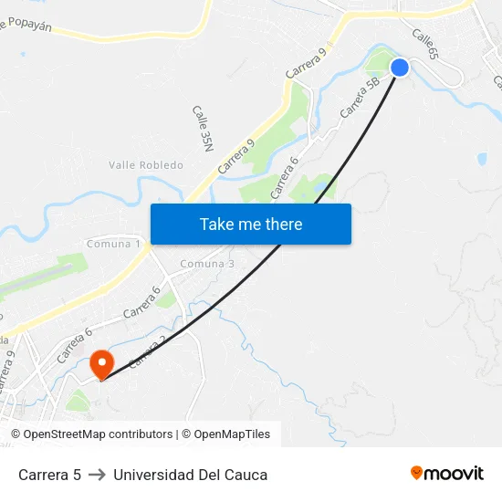 Carrera 5 to Universidad Del Cauca map