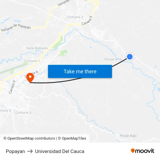 Popayan to Universidad Del Cauca map