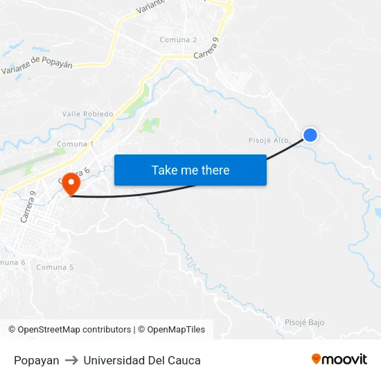 Popayan to Universidad Del Cauca map