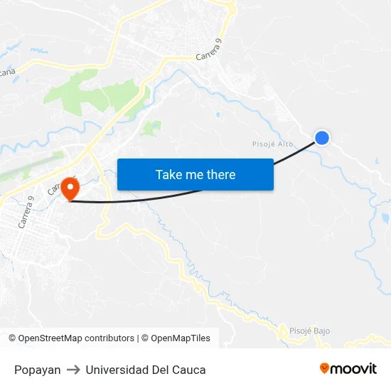 Popayan to Universidad Del Cauca map