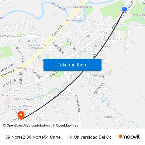 39 Norte2-39 Norte54 Carrera 6 to Universidad Del Cauca map