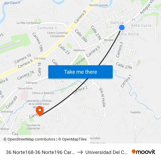 36 Norte168-36 Norte196 Carrera 6 to Universidad Del Cauca map