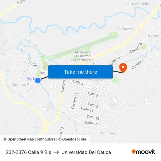 232-2376 Calle 9 Bis to Universidad Del Cauca map