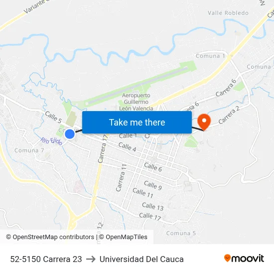 52-5150 Carrera 23 to Universidad Del Cauca map