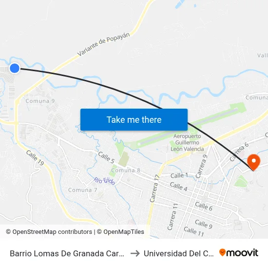 Barrio Lomas De Granada Carrera 49 to Universidad Del Cauca map