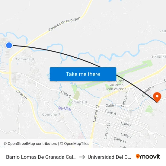Barrio Lomas De Granada Calle 2 E to Universidad Del Cauca map