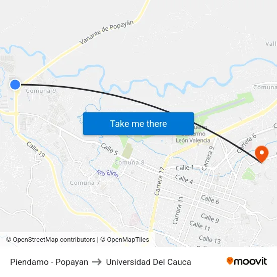 Piendamo - Popayan to Universidad Del Cauca map