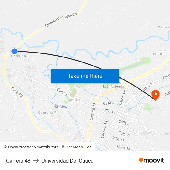 Carrera 48 to Universidad Del Cauca map