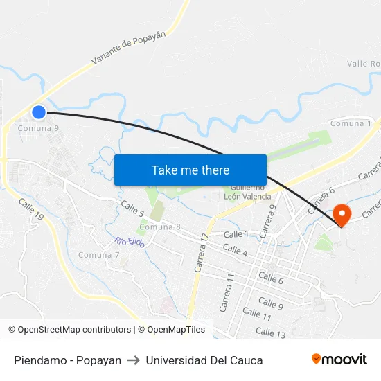 Piendamo - Popayan to Universidad Del Cauca map