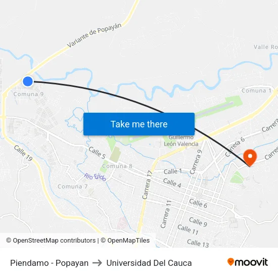 Piendamo - Popayan to Universidad Del Cauca map