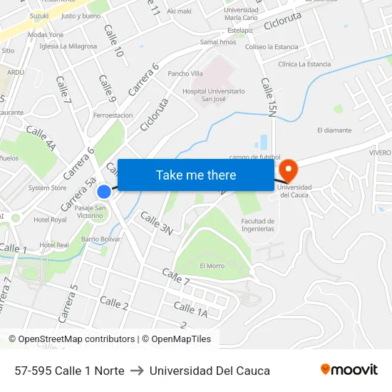 57-595 Calle 1 Norte to Universidad Del Cauca map