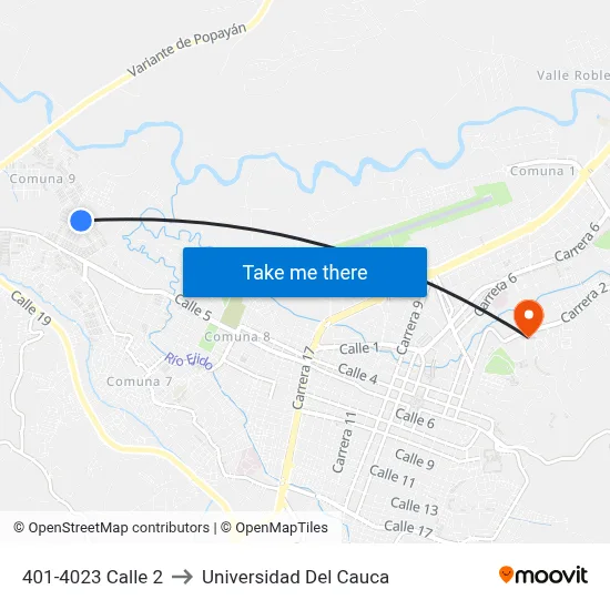 401-4023 Calle 2 to Universidad Del Cauca map