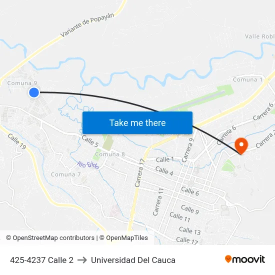 425-4237 Calle 2 to Universidad Del Cauca map