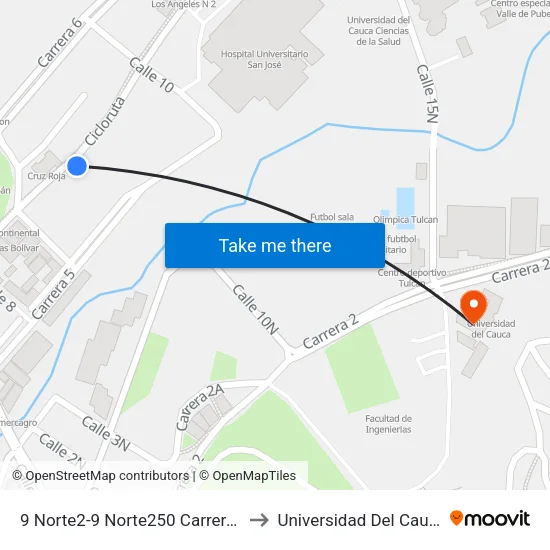 9 Norte2-9 Norte250 Carrera 6 to Universidad Del Cauca map