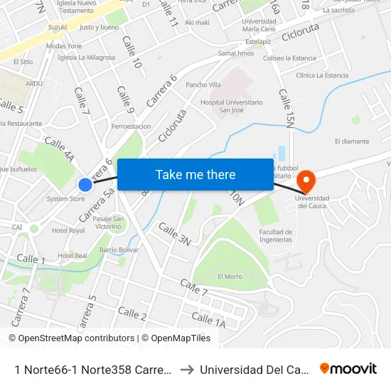 1 Norte66-1 Norte358 Carrera 7 to Universidad Del Cauca map