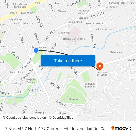 7 Norte45-7 Norte177 Carrera 6a to Universidad Del Cauca map