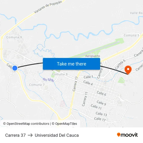 Carrera 37 to Universidad Del Cauca map