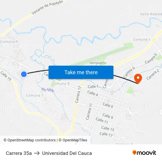 Carrera 35a to Universidad Del Cauca map