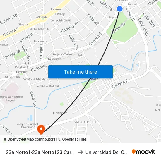 23a Norte1-23a Norte123 Carrera 6 to Universidad Del Cauca map