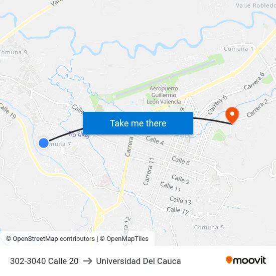 302-3040 Calle 20 to Universidad Del Cauca map