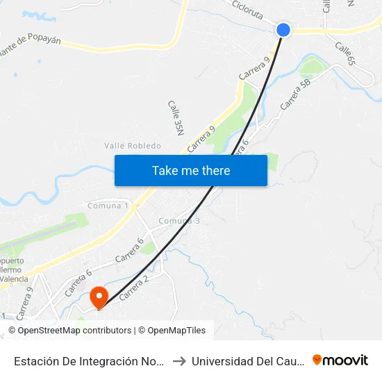 Estación De Integración Norte to Universidad Del Cauca map