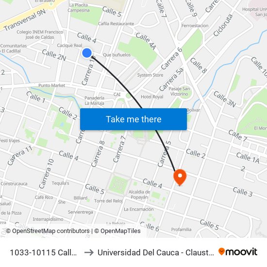 1033-10115 Calle 3 Norte to Universidad Del Cauca - Claustro El Carmen map